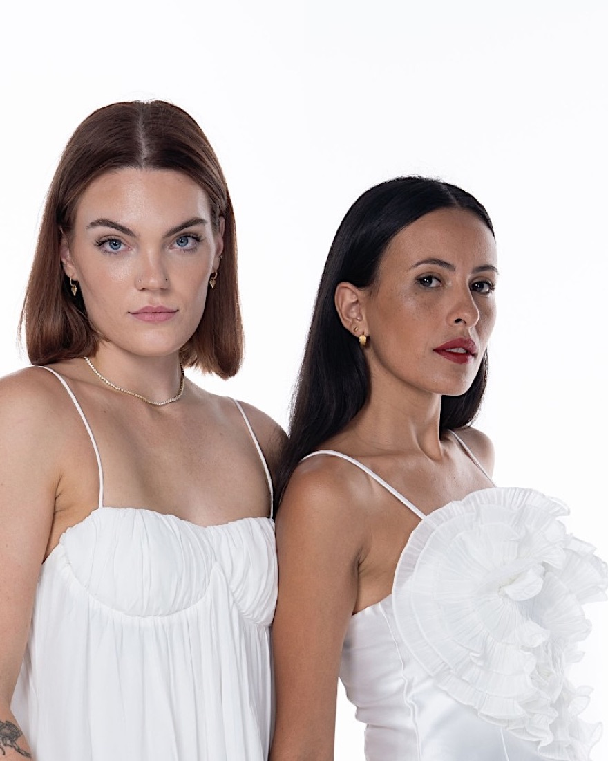 Two editorial looks: soft brows and fresh skin, and a classic red lip
